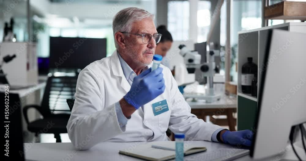 Aufkleber sample, computer and scientist with dna in laboratory for discovery, study or project with research.
