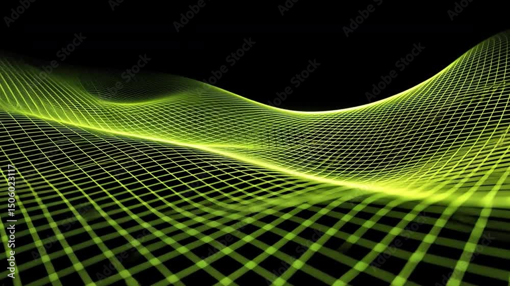 Poster vibrant green abstract wave and grid pattern dynamic digital background design for technology with m