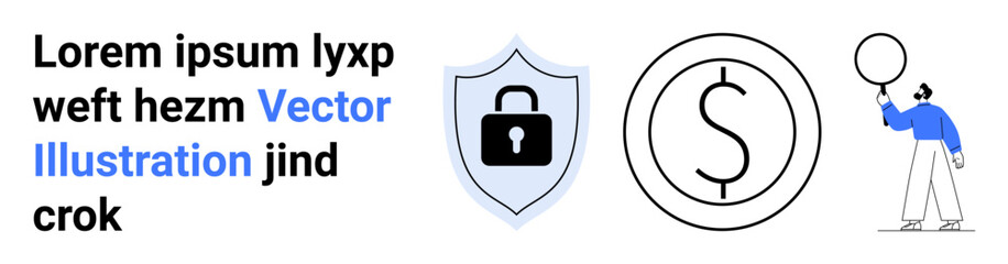 Shield with lock symbol, dollar sign in a circle, and person with a balloon. Ideal for finance, security, creativity, business, personal savings, innovation simple landing page