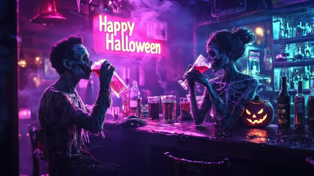 Two living dead in dark neon bar on Halloween, man and woman zombies drink cocktails in cafe. Concept of horror, love, fantasy, party, skeleton, apocalypses, future.