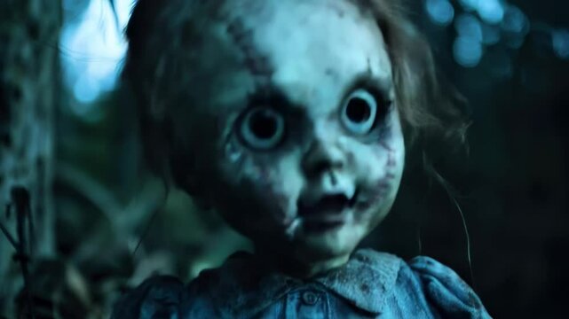 Scary doll like in horror movie on Halloween night on background of dark spooky forest. Concept of party, flayer, invitation, woods, design.