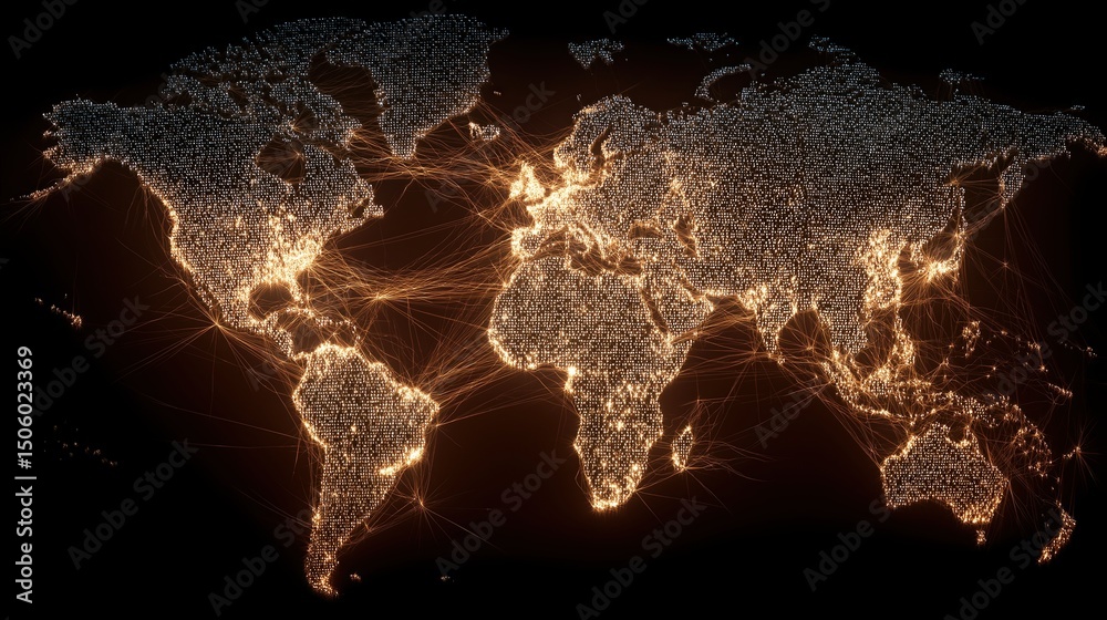 Poster glowing world map showing global digital network connections