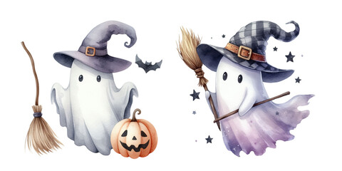 Cute watercolor ghost characters in witch hats, one holding a pumpkin broom and the other flying on a broom, with stars and bats around, Halloween theme, pastel and whimsical style, isolated on white 