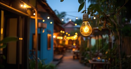 Obraz premium Warm light bulb, garden pathway at night