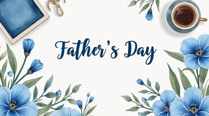 Artistic Father's Day desk illustration with watercolor blue palette, decorative flowers and handwritten elements in charming style

