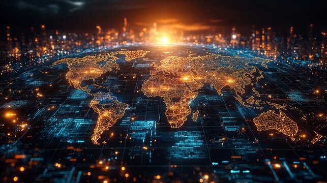 Global connections; a digital world map glows with orange and blue light amidst abstract circuitry