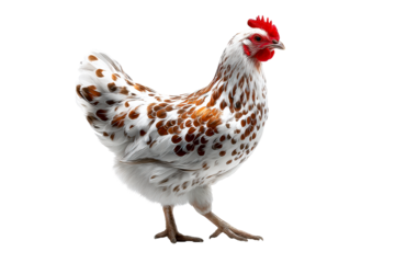 Colorful speckled chicken walking on a transparent background
