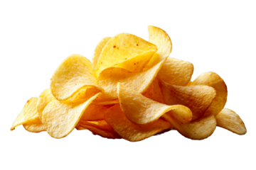 Crispy potato chips stacked together on a transparent background