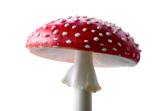 Bright red mushroom with white spots on transparent background
