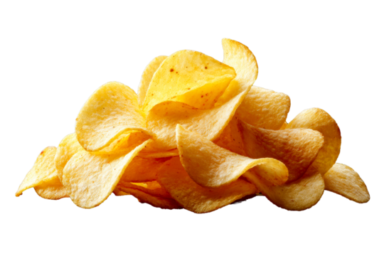 Crispy potato chips stacked together on a transparent background