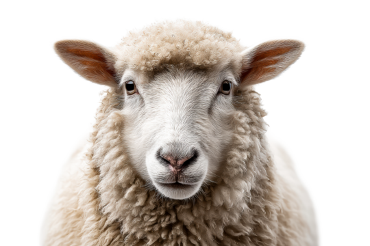 Sheep with fluffy wool and gentle expression on transparent background