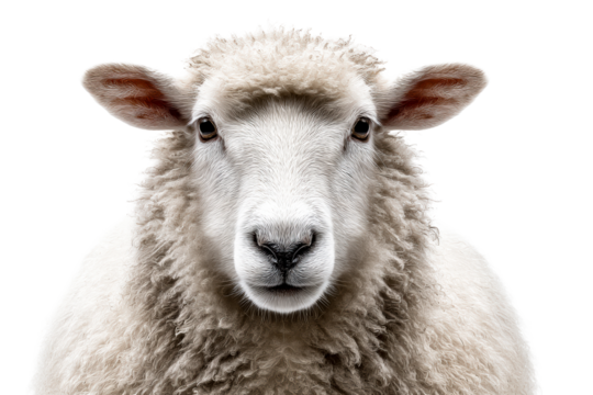 Sheep with fluffy wool and gentle expression on transparent background