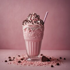 A dreamy pink milkshake with a fluffy whipped crown and chocolate curls in a heart-shaped glass.