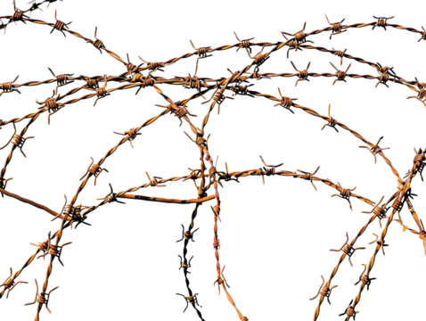 Tangled barbed wire strands, creating an intricate web of sharp metallic lines for dramatic designs.