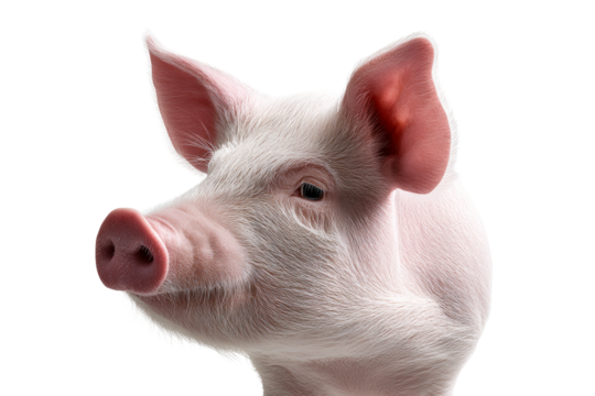 Cute pink pig with a curious expression on a transparent background