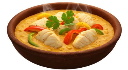 traditional Bahian Moqueca. The dish is served in a rustic yet charming clay bowl (panela de barro), which is perfectly centered. The Moqueca features a rich, creamy coconut milk broth, vibrant orange
