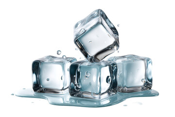 Three clear ice cubes melting on a surface with water droplets