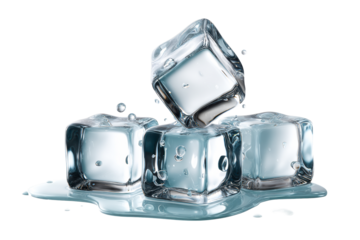 Three clear ice cubes melting on a surface with water droplets