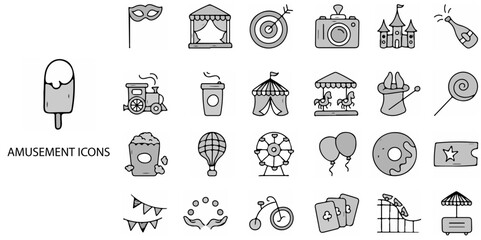 Amusement Park simple concept 24 hand drawn Grew color icons set .Vector illustration.
