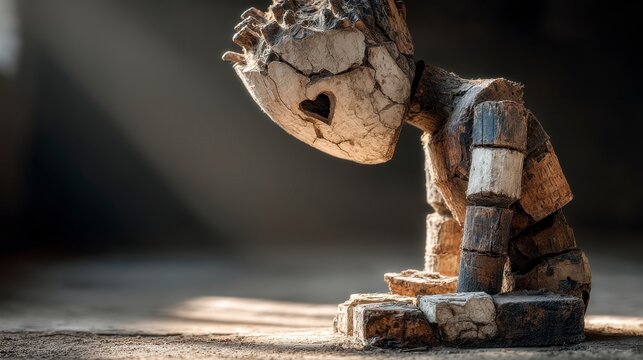 A wooden, heart-shaped puppet sits on the ground, appearing sad and worn, illuminated by a soft beam of light.