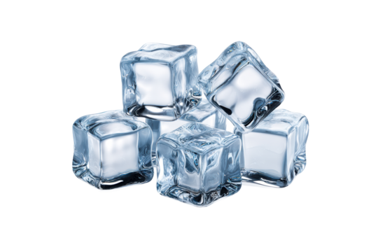 Clear ice cubes stacked together on a transparent background