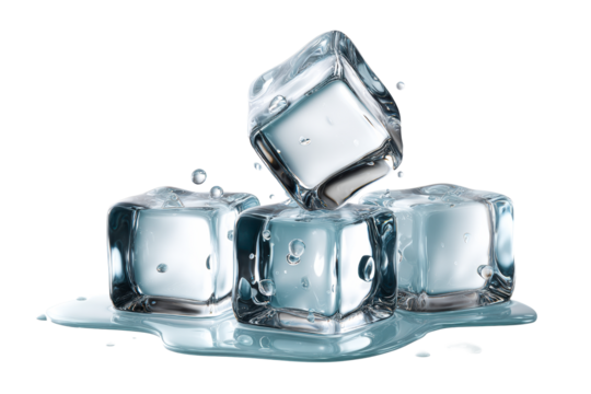 Three clear ice cubes melting on a surface with water droplets