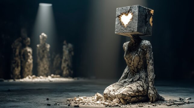 A cracked clay figure with a cube-shaped head, featuring a glowing heart, kneels in a dimly-lit, surreal environment with similar figures in the background.