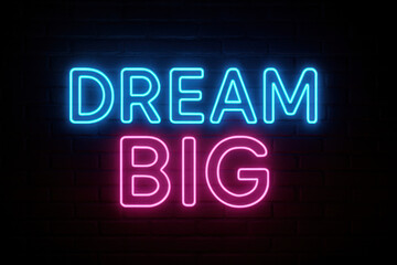 A vibrant neon sign with the words "DREAM BIG" glowing in electric blue and pink on a dark brick wall background. This inspirational message is perfect for posters, digital backgrounds, wall art, soci
