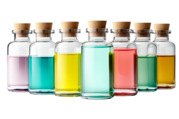 Variety of colored glass bottles with cork stoppers lined up