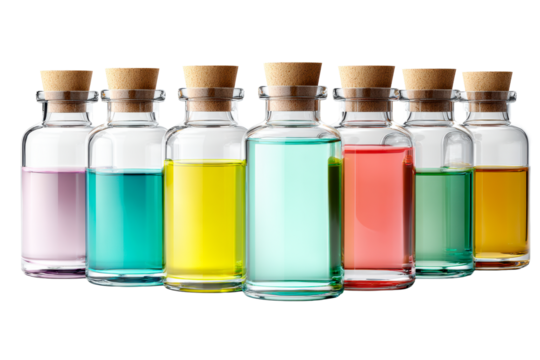 Variety of colored glass bottles with cork stoppers lined up