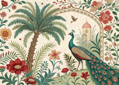 Peacock in a mughal garden with palm tree