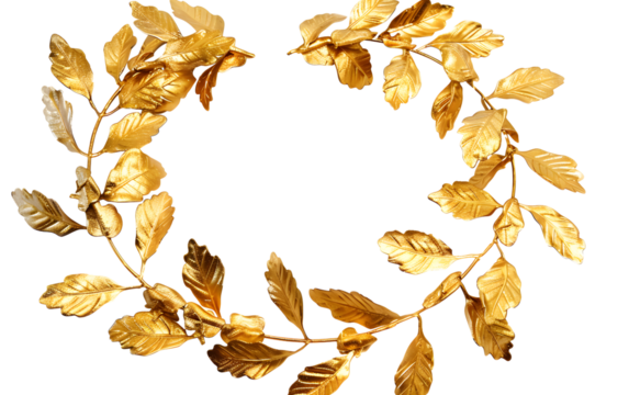 Ornate golden laurel wreath, ideal for representing triumph, prestige, and classical elegance.