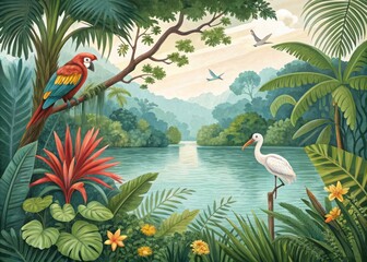 Obraz premium Tropical river landscape with birds and lush vegetation