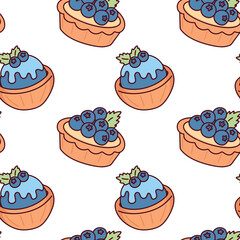 Seamless pattern with hand-drawn blueberry cupcakes topped with icing and mint leaves. Repeating background for bakery, kids design, sweet food packaging, and textile prints