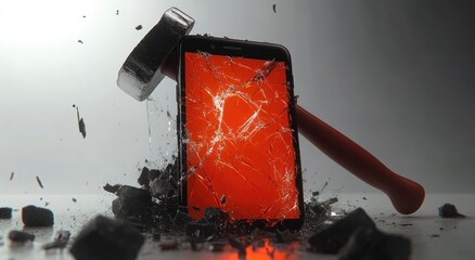 Smartphone shattered by a hammer