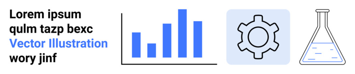 Analytics bar chart, gear symbolizing process, and lab flask representing research. Ideal for data, strategy, productivity, innovation, education, science simple landing page