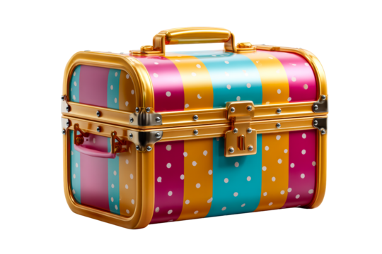 Colorful striped travel case with metal accents for storage