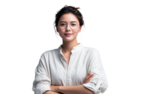 Confident woman with glasses wearing a casual white shirt