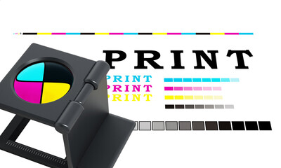 Printing loupe standing on colour test paper on transparent background. 3D illustration