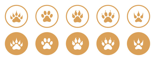 Set of golden brown and white animal paw print icons. Includes various wild and domestic animal track silhouettes. Useful for logotype, signs, or pet-related designs. Vector illustration.
