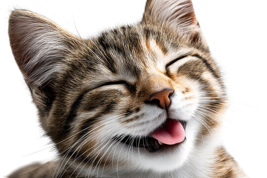Happy cat with big smile and bright eyes on transparent background