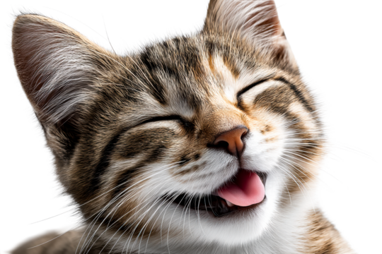 Happy cat with big smile and bright eyes on transparent background
