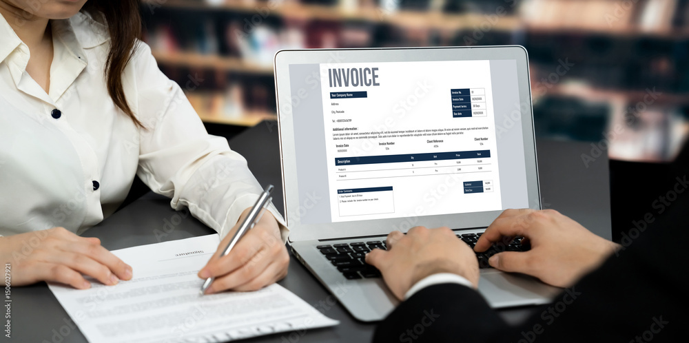 Poster invoice on computer screen from accounting application. computer program for financial and budget of