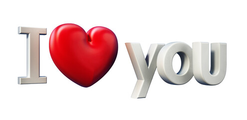 I love you text with a red heart on transparent background. 3D illustration