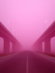 Pink Mist Highway - A long road stretches out under an overpass, shrouded in a thick pink fog. Mysterious and atmospheric