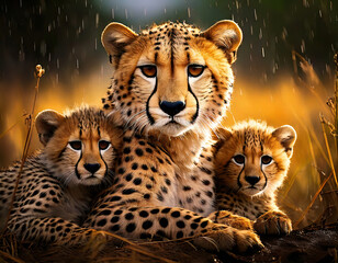 Cheetah with her two cubs resting in the rain.