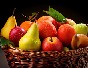 Basket of apples and pears with water droplets