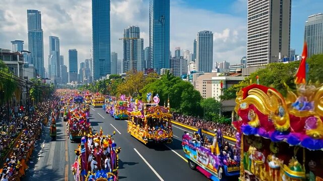 A vibrant city parade filled with colorful floats and a lively atmosphere.