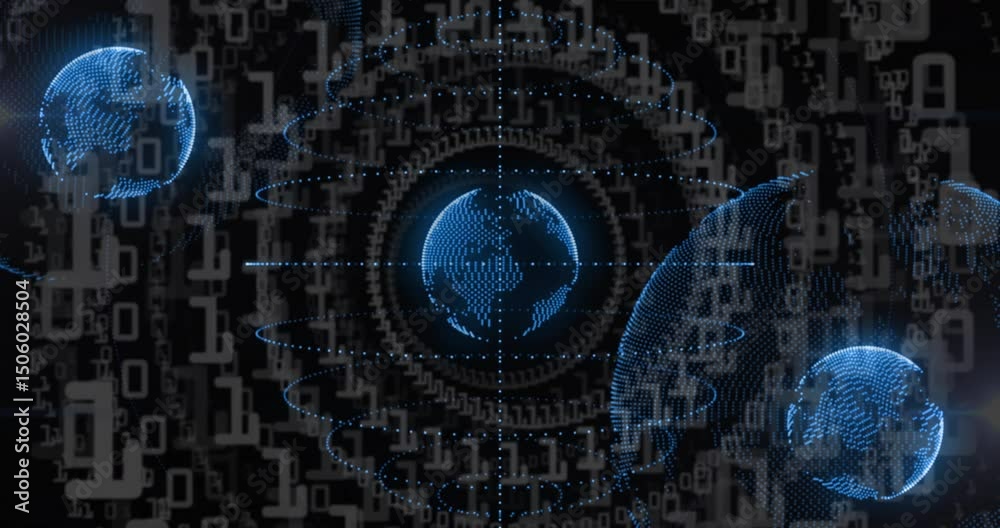Poster binary field starting three data spheres emerging rotating orbiting scanning pulsing synchronizing