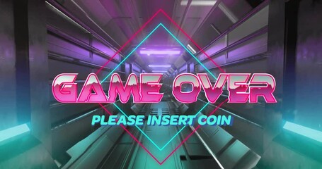 Starting neon hallway GAME OVER sweeping text expanding PLEASE INSERT COIN pulsing diamond outline - Powered by Adobe